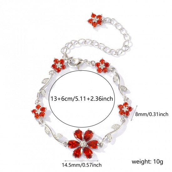 Picture of Wholesale Flower Brown Cubic Zirconia Brass Bracelets, Real Platinum Plated Eco-friendly, Women's Stylish Dainty Gift Jewelry Supply, 13cm(5.1") + 6cm(2.4") long, 1 Piece