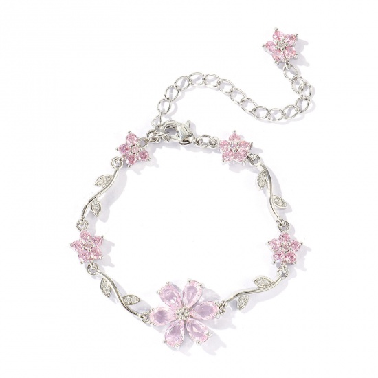 Picture of Wholesale Flower Pink Cubic Zirconia Brass Bracelets, Real Platinum Plated Eco-friendly, Women's Stylish Dainty Gift Jewelry Supply, 13cm(5.1") + 6cm(2.4") long, 1 Piece