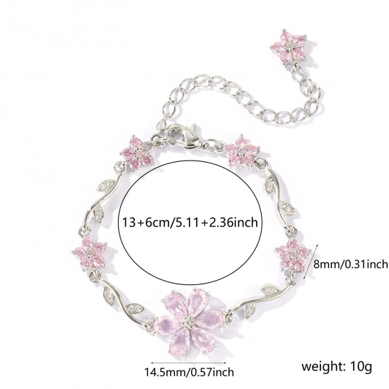 Picture of Wholesale Flower Pink Cubic Zirconia Brass Bracelets, Real Platinum Plated Eco-friendly, Women's Stylish Dainty Gift Jewelry Supply, 13cm(5.1") + 6cm(2.4") long, 1 Piece