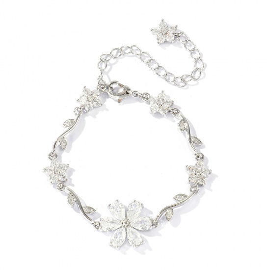 Picture of Wholesale Flower Clear Cubic Zirconia Brass Bracelets, Real Platinum Plated Eco-friendly, Women's Stylish Dainty Gift Jewelry Supply, 13cm(5.1") + 6cm(2.4") long, 1 Piece