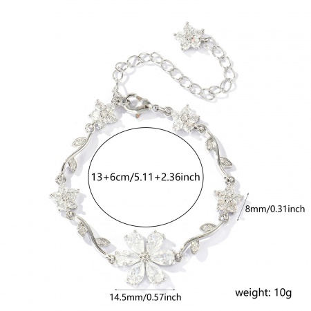 Picture of Wholesale Flower Clear Cubic Zirconia Brass Bracelets, Real Platinum Plated Eco-friendly, Women's Stylish Dainty Gift Jewelry Supply, 13cm(5.1") + 6cm(2.4") long, 1 Piece