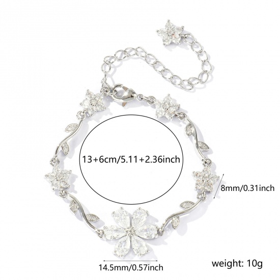 Picture of Wholesale Flower Clear Cubic Zirconia Brass Bracelets, Real Platinum Plated Eco-friendly, Women's Stylish Dainty Gift Jewelry Supply, 13cm(5.1") + 6cm(2.4") long, 1 Piece
