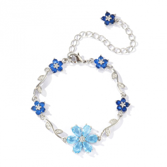 Picture of Wholesale Flower Blue Cubic Zirconia Brass Bracelets, Real Platinum Plated Eco-friendly, Women's Stylish Dainty Gift Jewelry Supply, 13cm(5.1") + 6cm(2.4") long, 1 Piece