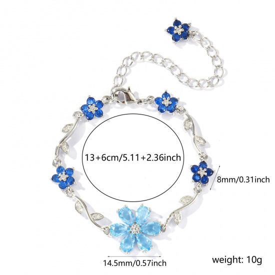 Picture of Wholesale Flower Blue Cubic Zirconia Brass Bracelets, Real Platinum Plated Eco-friendly, Women's Stylish Dainty Gift Jewelry Supply, 13cm(5.1") + 6cm(2.4") long, 1 Piece
