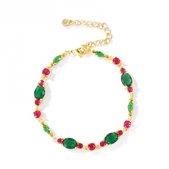 Bild von Großhandel Oval Geometrisch Dunkelgrün Kubisches Zirkonia Messing Armband, 18K Echtgold plattiert Umweltfreundlich, Frauen Stilvoll Elegant Geschenk Schmuckbedarf, 16.5cm + 5cm lang, 1 Strang
