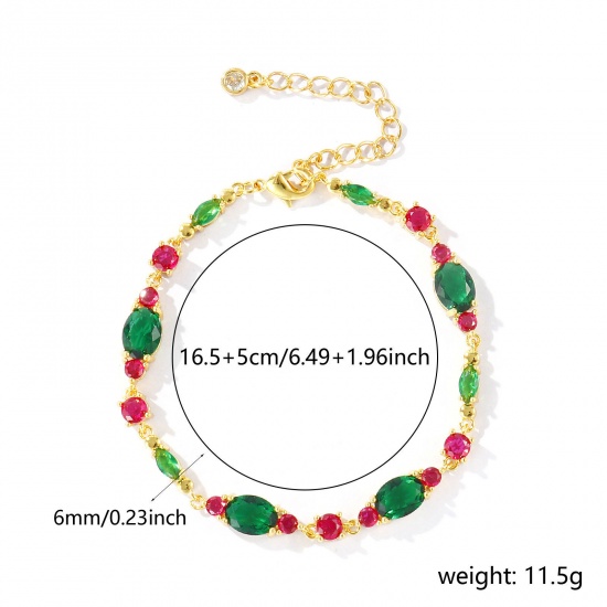 Bild von Großhandel Oval Geometrisch Dunkelgrün Kubisches Zirkonia Messing Armband, 18K Echtgold plattiert Umweltfreundlich, Frauen Stilvoll Elegant Geschenk Schmuckbedarf, 16.5cm + 5cm lang, 1 Strang