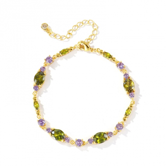 Bild von Großhandel Oval Geometrisch Olivgrün Kubisches Zirkonia Messing Armband, 18K Echtgold plattiert Umweltfreundlich, Frauen Stilvoll Elegant Geschenk Schmuckbedarf, 16.5cm + 5cm lang, 1 Strang