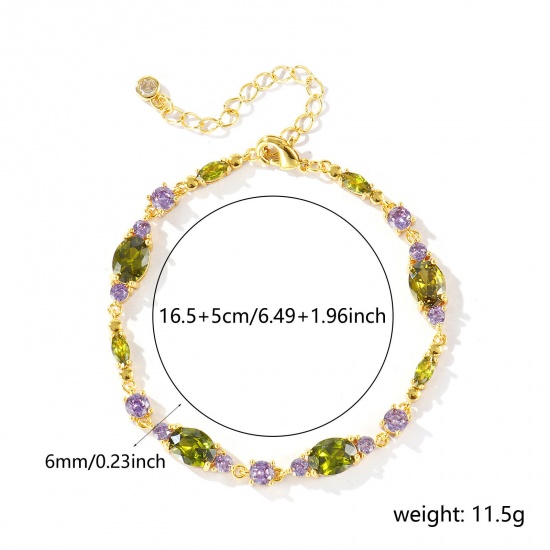Bild von Großhandel Oval Geometrisch Olivgrün Kubisches Zirkonia Messing Armband, 18K Echtgold plattiert Umweltfreundlich, Frauen Stilvoll Elegant Geschenk Schmuckbedarf, 16.5cm + 5cm lang, 1 Strang