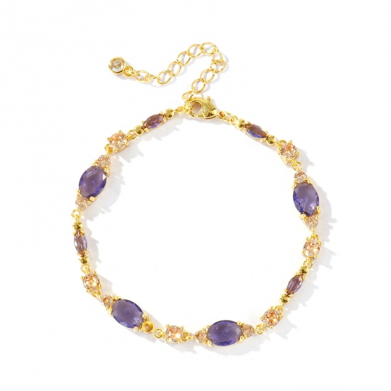Bild von Großhandel Oval Geometrisch Lila Kubisches Zirkonia Messing Armband, 18K Echtgold plattiert Umweltfreundlich, Frauen Stilvoll Elegant Geschenk Schmuckbedarf, 16.5cm + 5cm lang, 1 Strang