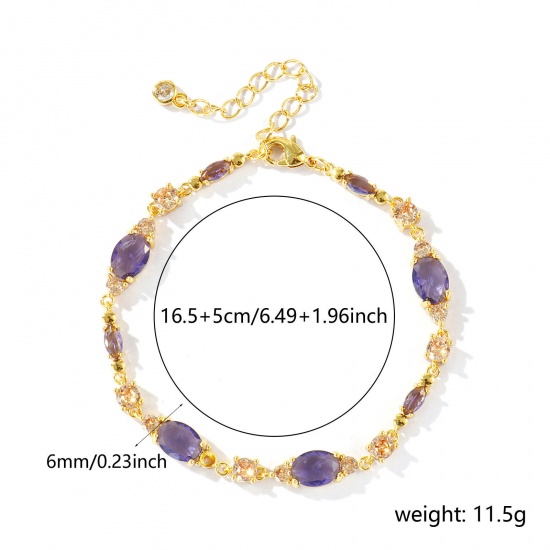 Bild von Großhandel Oval Geometrisch Lila Kubisches Zirkonia Messing Armband, 18K Echtgold plattiert Umweltfreundlich, Frauen Stilvoll Elegant Geschenk Schmuckbedarf, 16.5cm + 5cm lang, 1 Strang