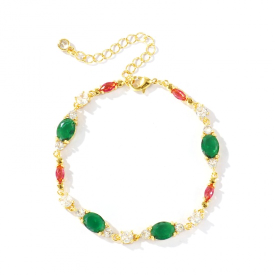 Bild von Großhandel Oval Geometrisch Grün Kubisches Zirkonia Messing Armband, 18K Echtgold plattiert Umweltfreundlich, Frauen Stilvoll Elegant Geschenk Schmuckbedarf, 16.5cm + 5cm lang, 1 Strang
