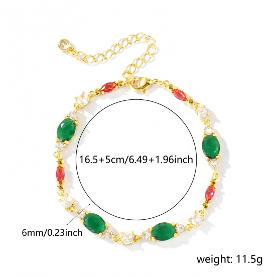 Bild von Großhandel Oval Geometrisch Grün Kubisches Zirkonia Messing Armband, 18K Echtgold plattiert Umweltfreundlich, Frauen Stilvoll Elegant Geschenk Schmuckbedarf, 16.5cm + 5cm lang, 1 Strang