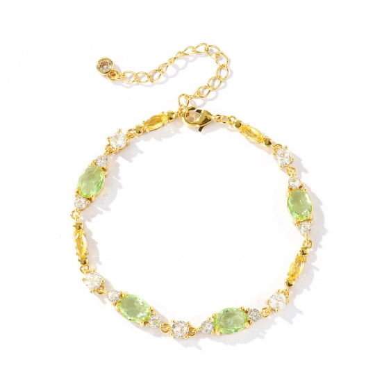 Bild von Großhandel Oval Geometrisch Hellgrün Kubisches Zirkonia Messing Armband, 18K Echtgold plattiert Umweltfreundlich, Frauen Stilvoll Elegant Geschenk Schmuckbedarf, 16.5cm + 5cm lang, 1 Strang