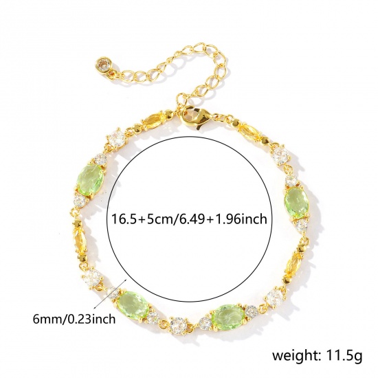 Bild von Großhandel Oval Geometrisch Hellgrün Kubisches Zirkonia Messing Armband, 18K Echtgold plattiert Umweltfreundlich, Frauen Stilvoll Elegant Geschenk Schmuckbedarf, 16.5cm + 5cm lang, 1 Strang