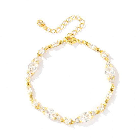Bild von Großhandel Oval Geometrisch Klar Kubisches Zirkonia Messing Armband, 18K Echtgold plattiert Umweltfreundlich, Frauen Stilvoll Elegant Geschenk Schmuckbedarf, 16.5cm + 5cm lang, 1 Strang