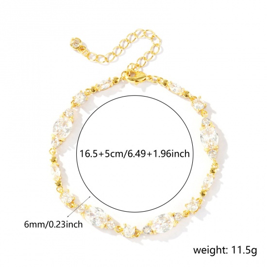 Bild von Großhandel Oval Geometrisch Klar Kubisches Zirkonia Messing Armband, 18K Echtgold plattiert Umweltfreundlich, Frauen Stilvoll Elegant Geschenk Schmuckbedarf, 16.5cm + 5cm lang, 1 Strang