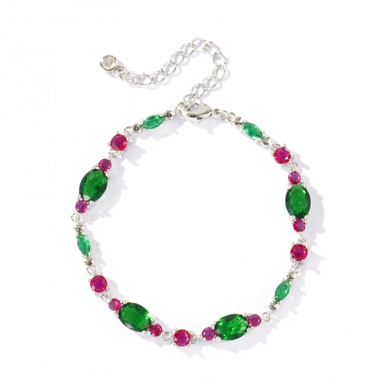 Bild von Großhandel Oval Geometrisch Dunkelgrün Kubisches Zirkonia Messing Armband, Echt Platin plattiert Umweltfreundlich, Frauen Stilvoll Elegant Geschenk Schmuckbedarf, 16.5cm + 5cm lang, 1 Strang