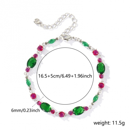 Bild von Großhandel Oval Geometrisch Dunkelgrün Kubisches Zirkonia Messing Armband, Echt Platin plattiert Umweltfreundlich, Frauen Stilvoll Elegant Geschenk Schmuckbedarf, 16.5cm + 5cm lang, 1 Strang