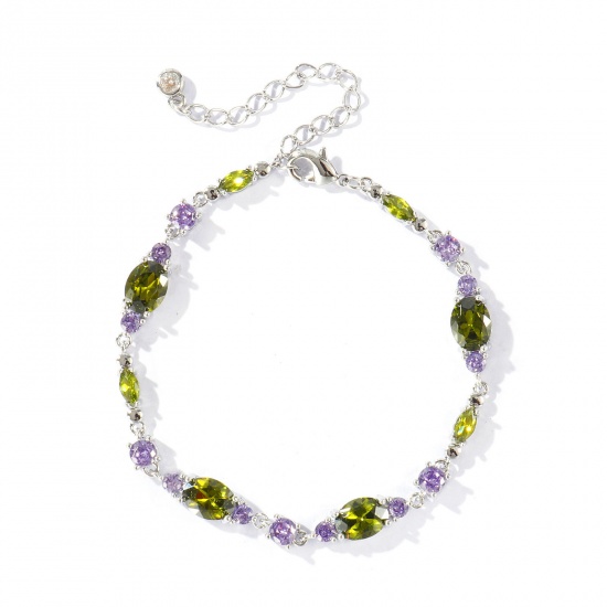 Bild von Großhandel Oval Geometrisch Olivgrün Kubisches Zirkonia Messing Armband, Echt Platin plattiert Umweltfreundlich, Frauen Stilvoll Elegant Geschenk Schmuckbedarf, 16.5cm + 5cm lang, 1 Strang