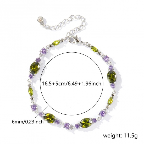 Bild von Großhandel Oval Geometrisch Olivgrün Kubisches Zirkonia Messing Armband, Echt Platin plattiert Umweltfreundlich, Frauen Stilvoll Elegant Geschenk Schmuckbedarf, 16.5cm + 5cm lang, 1 Strang