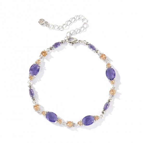 Bild von Großhandel Oval Geometrisch Lila Kubisches Zirkonia Messing Armband, Echt Platin plattiert Umweltfreundlich, Frauen Stilvoll Elegant Geschenk Schmuckbedarf, 16.5cm + 5cm lang, 1 Strang