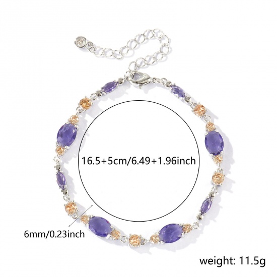 Bild von Großhandel Oval Geometrisch Lila Kubisches Zirkonia Messing Armband, Echt Platin plattiert Umweltfreundlich, Frauen Stilvoll Elegant Geschenk Schmuckbedarf, 16.5cm + 5cm lang, 1 Strang