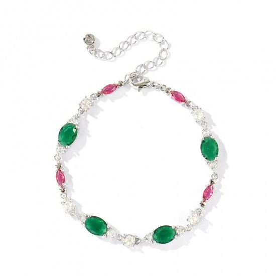 Bild von Großhandel Oval Geometrisch Grün Kubisches Zirkonia Messing Armband, Echt Platin plattiert Umweltfreundlich, Frauen Stilvoll Elegant Geschenk Schmuckbedarf, 16.5cm + 5cm lang, 1 Strang