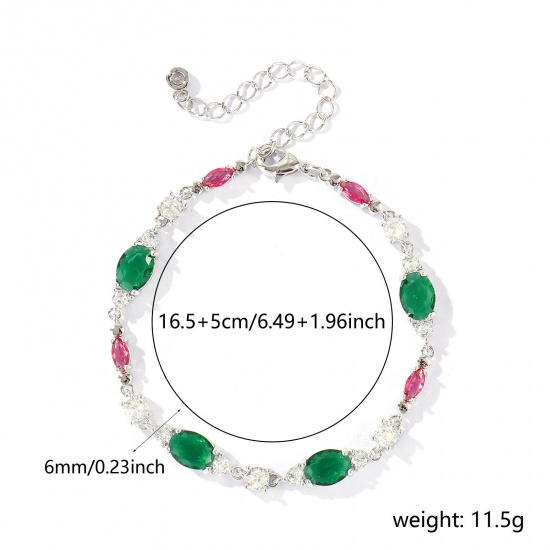 Bild von Großhandel Oval Geometrisch Grün Kubisches Zirkonia Messing Armband, Echt Platin plattiert Umweltfreundlich, Frauen Stilvoll Elegant Geschenk Schmuckbedarf, 16.5cm + 5cm lang, 1 Strang