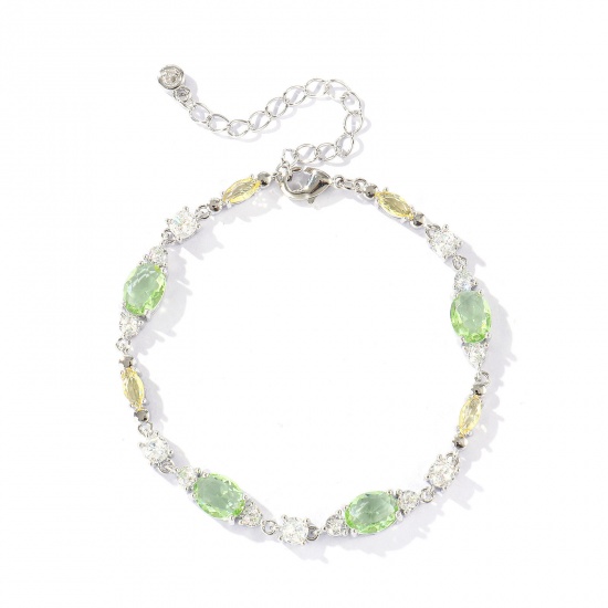 Bild von Großhandel Oval Geometrisch Hellgrün Kubisches Zirkonia Messing Armband, Echt Platin plattiert Umweltfreundlich, Frauen Stilvoll Elegant Geschenk Schmuckbedarf, 16.5cm + 5cm lang, 1 Strang