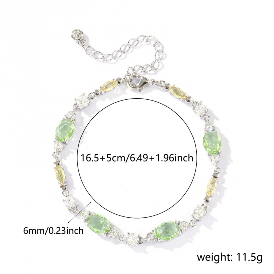 Bild von Großhandel Oval Geometrisch Hellgrün Kubisches Zirkonia Messing Armband, Echt Platin plattiert Umweltfreundlich, Frauen Stilvoll Elegant Geschenk Schmuckbedarf, 16.5cm + 5cm lang, 1 Strang