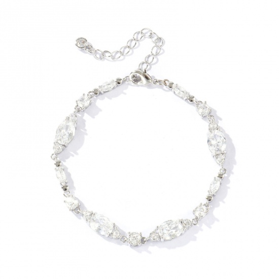 Bild von Großhandel Oval Geometrisch Klar Kubisches Zirkonia Messing Armband, Echt Platin plattiert Umweltfreundlich, Frauen Stilvoll Elegant Geschenk Schmuckbedarf, 16.5cm + 5cm lang, 1 Strang