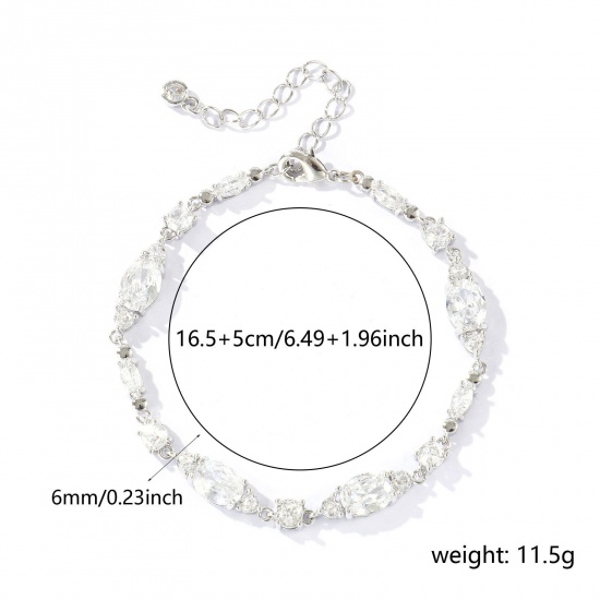 Bild von Großhandel Oval Geometrisch Klar Kubisches Zirkonia Messing Armband, Echt Platin plattiert Umweltfreundlich, Frauen Stilvoll Elegant Geschenk Schmuckbedarf, 16.5cm + 5cm lang, 1 Strang