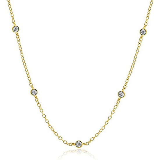 Picture of Wholesale Round Clear Rhinestone Link Cable Chain Station Necklace, 18K Gold Plated Brass, Women's Stylish & Casual Ins Style Gift Jewelry For Retailer, 40cm(15.7") + 5cm(2") long, 1 Piece