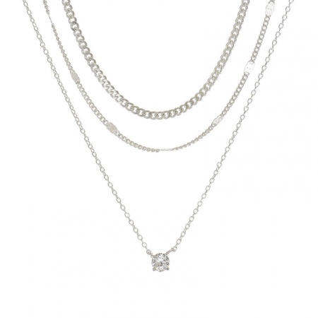 Imagen de Claro Circón Artificial Conjunto de Collares en Capas Apilables Al Por Mayor, Argentado Latón Mujeres Elegante Estilo Ins Regalo Joyería Para Minorista, 55cm + 7cm longitud, 1 Juego ( 3 Unidades/Juego)