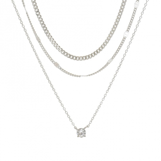 Picture of Wholesale Clear Cubic Zirconia Layered Stackable Necklace Set, Silver Plated Brass Women's Stylish Ins Style Gift Jewelry For Retailer, 55cm(21.7") + 7cm(2.8") long, 1 Set ( 3 PCs/Set)