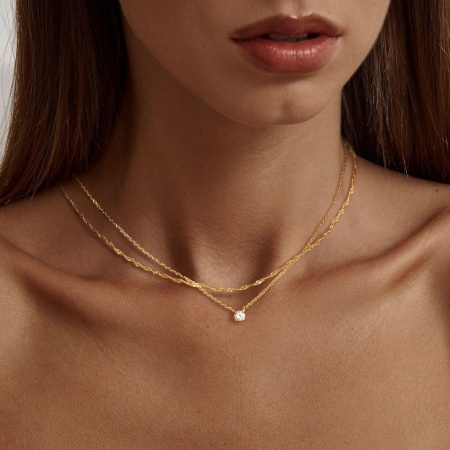 Picture of Wholesale Clear Cubic Zirconia Layered Stackable Necklace Set, 18K Gold Plated Brass Women's Stylish Ins Style Gift Jewelry For Retailer, 41cm(16.1") + 5cm(2") long, 1 Set ( 2 PCs/Set)