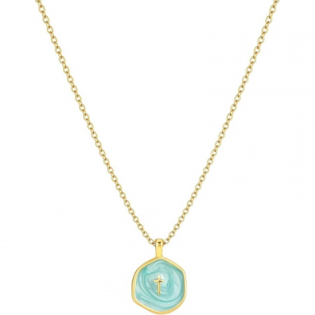 Picture of Wholesale Green Enamel Pendant Charm Necklace, 14K Gold Plated Brass Link Cable Chain, Women's Simple Religious Gift Jewelry For Retailer, 45cm(17.7") long, 1 Piece