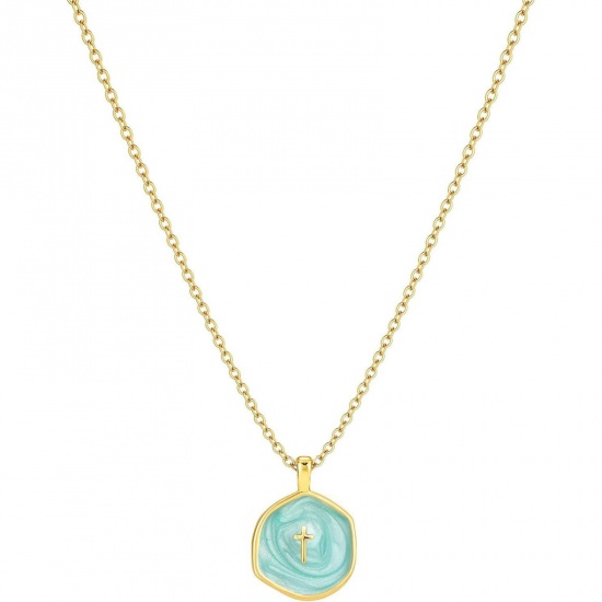 Picture of Wholesale Green Enamel Pendant Charm Necklace, 14K Gold Plated Brass Link Cable Chain, Women's Simple Religious Gift Jewelry For Retailer, 45cm(17.7") long, 1 Piece
