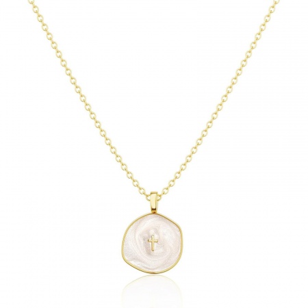 Picture of Wholesale White Enamel Pendant Charm Necklace, 14K Gold Plated Brass Link Cable Chain, Women's Simple Religious Gift Jewelry For Retailer, 45cm(17.7") long, 1 Piece