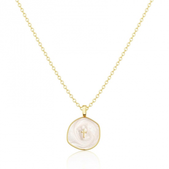 Picture of Wholesale White Enamel Pendant Charm Necklace, 14K Gold Plated Brass Link Cable Chain, Women's Simple Religious Gift Jewelry For Retailer, 45cm(17.7") long, 1 Piece