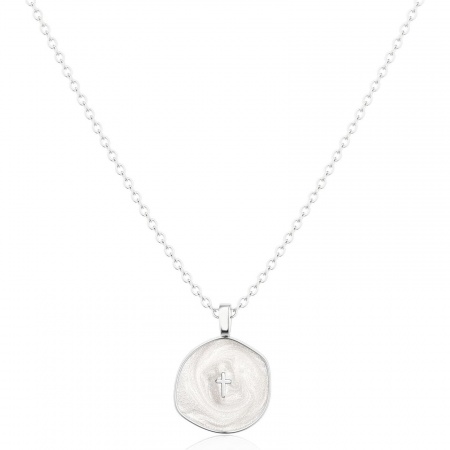 Picture of Wholesale White Enamel Pendant Charm Necklace, Platinum Plated Brass Link Cable Chain, Women's Simple Religious Gift Jewelry For Retailer, 45cm(17.7") long, 1 Piece