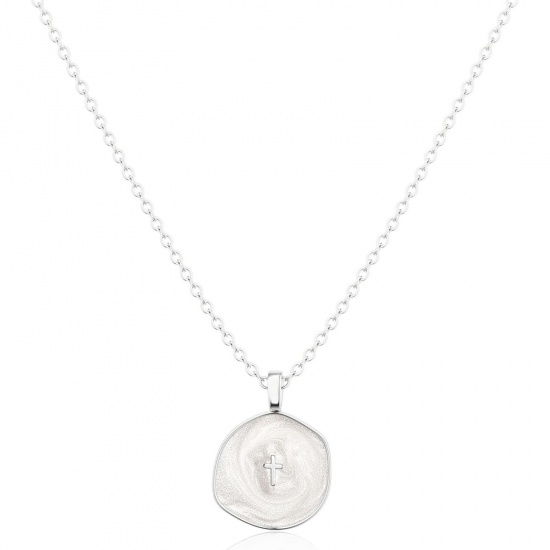 Picture of Wholesale White Enamel Pendant Charm Necklace, Platinum Plated Brass Link Cable Chain, Women's Simple Religious Gift Jewelry For Retailer, 45cm(17.7") long, 1 Piece