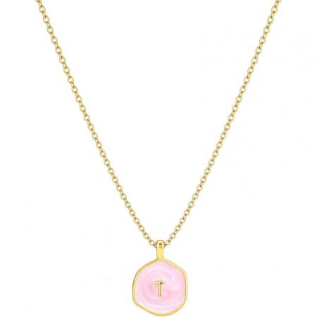 Picture of Wholesale Pink Enamel Pendant Charm Necklace, 14K Gold Plated Brass Link Cable Chain, Women's Simple Religious Gift Jewelry For Retailer, 45cm(17.7") long, 1 Piece