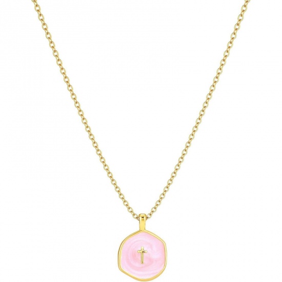 Picture of Wholesale Pink Enamel Pendant Charm Necklace, 14K Gold Plated Brass Link Cable Chain, Women's Simple Religious Gift Jewelry For Retailer, 45cm(17.7") long, 1 Piece