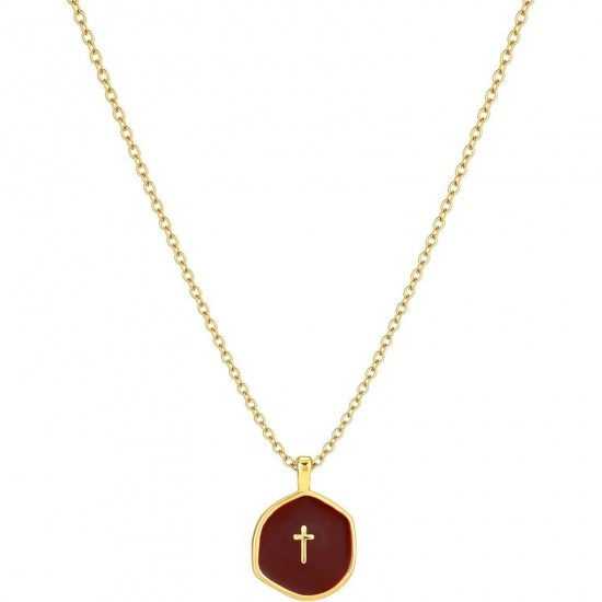 Picture of Wholesale Wine Red Enamel Pendant Charm Necklace, 14K Gold Plated Brass Link Cable Chain, Women's Simple Religious Gift Jewelry For Retailer, 45cm(17.7") long, 1 Piece