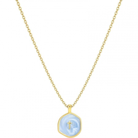 Picture of Wholesale Blue Enamel Pendant Charm Necklace, 14K Gold Plated Brass Link Cable Chain, Women's Simple Religious Gift Jewelry For Retailer, 45cm(17.7") long, 1 Piece