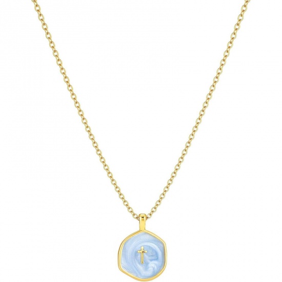 Picture of Wholesale Blue Enamel Pendant Charm Necklace, 14K Gold Plated Brass Link Cable Chain, Women's Simple Religious Gift Jewelry For Retailer, 45cm(17.7") long, 1 Piece