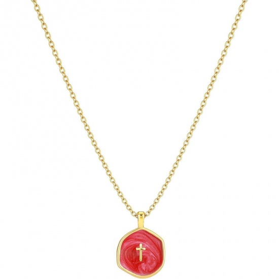 Picture of Wholesale Red Enamel Pendant Charm Necklace, 14K Gold Plated Brass Link Cable Chain, Women's Simple Religious Gift Jewelry For Retailer, 45cm(17.7") long, 1 Piece