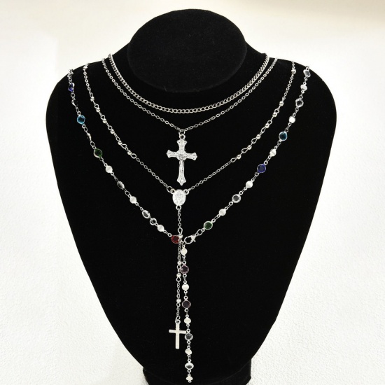 Imagen de Cruz Conjunto de Collares en Capas Apilables Al Por Mayor, Platino Chapado Latón & Aleación Mujeres Religión Hip Hop Regalo Joyería Para Minorista, 1 Juego ( 4 Unidades/Juego)