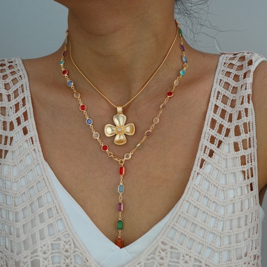 Imagen de Flor Conjunto de Collares en Capas Apilables Al Por Mayor, Chapado en Oro de 18K Latón & Aleación Mujeres Religión Hip Hop Regalo Joyería Para Minorista, 1 Juego ( 2 Unidades/Juego)